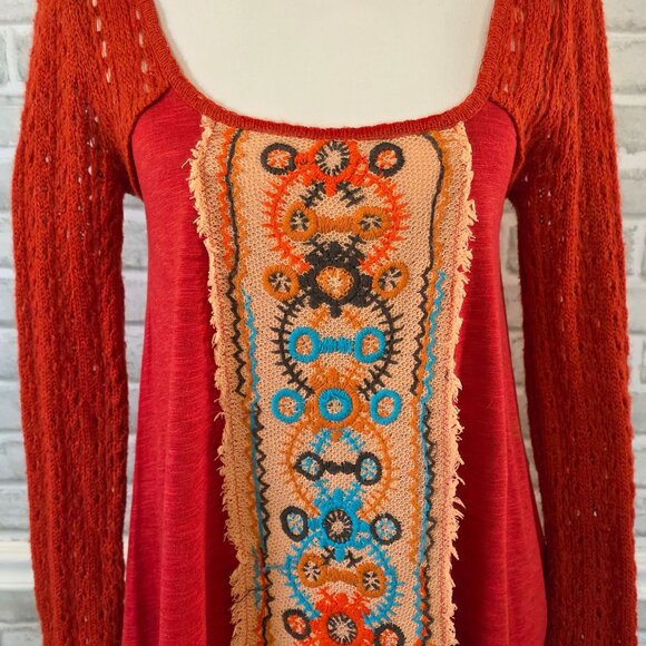 Free People Cotton Mohair Blend Boho Tunic Sweater Top Red Oversized XS LS - Picture 2 of 9